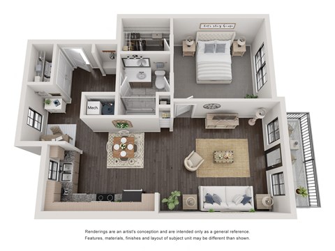Floor plan for 1 bed, 1 bath, 830 sqft